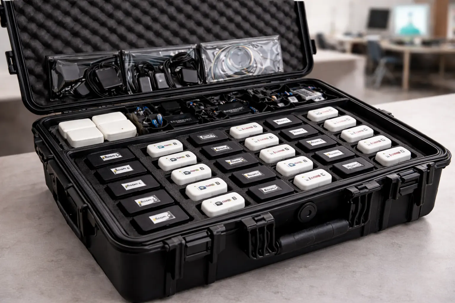 Case full of labeled Verizon MiFi hotspot rentals ready for a multi room conference or large event deployment