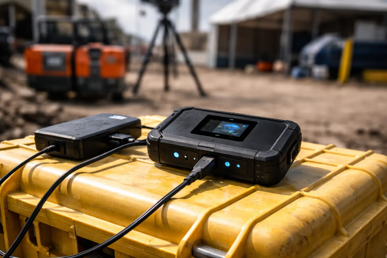 Rugged Verizon MiFi hotspot rental setup on an outdoor job site table with paperwork and field equipment nearby