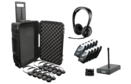 Complete simultaneous interpretation equipment rental system with wireless headsets receivers transmitter and interpreter console