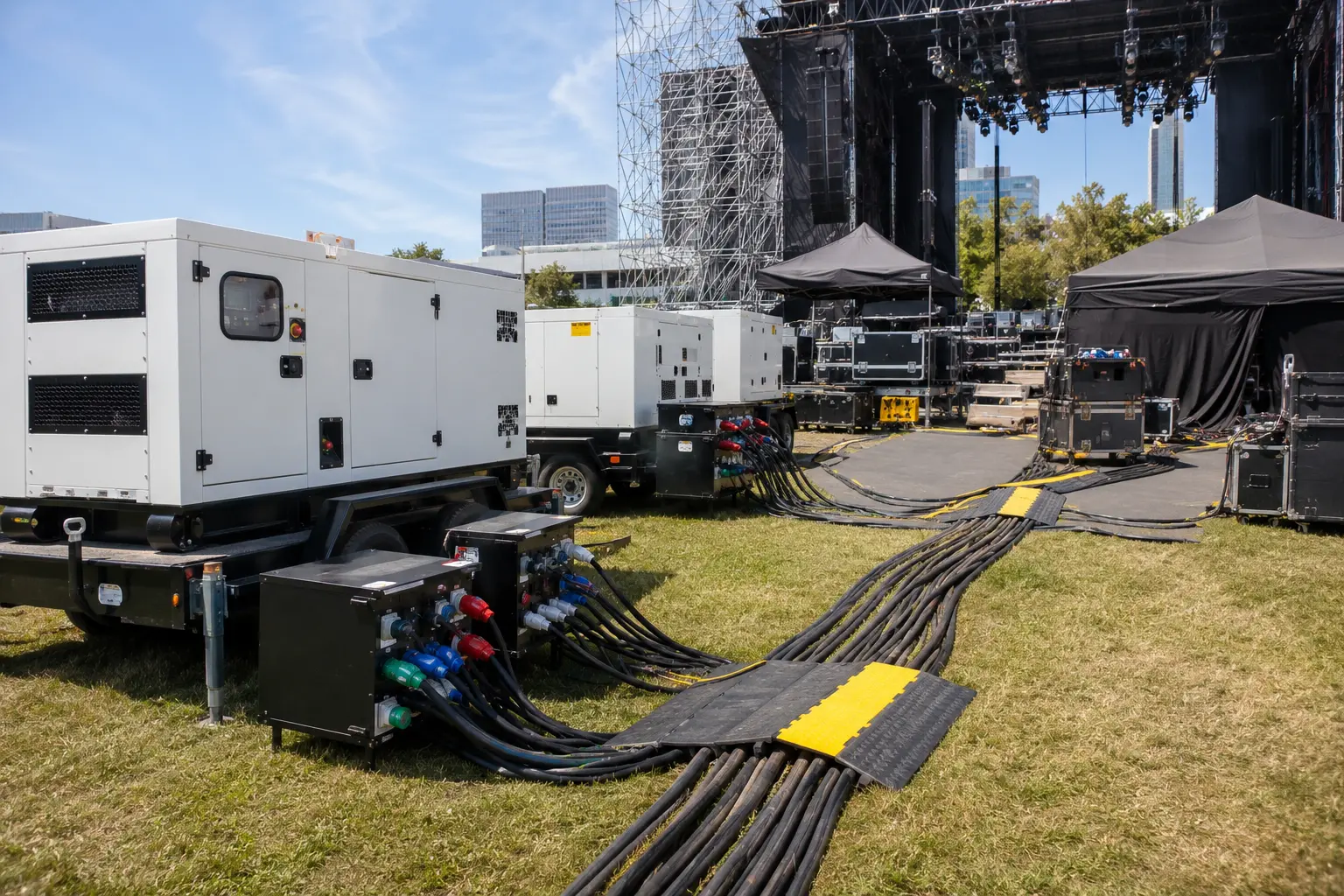 Portable generators power distribution boxes feeder cables and production tents supporting an outdoor event