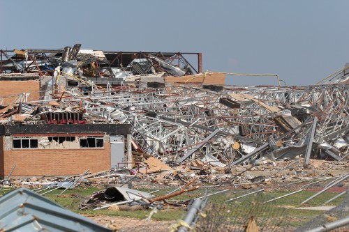 A mostly destroyed brick building