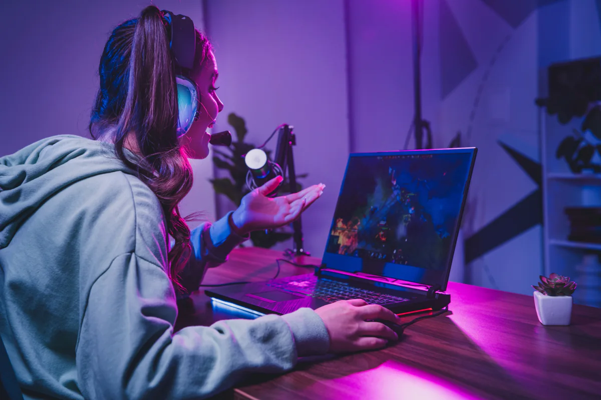 Gaming laptop rentals with RGB keyboards and high refresh displays set up for mobile esports and event gaming stations