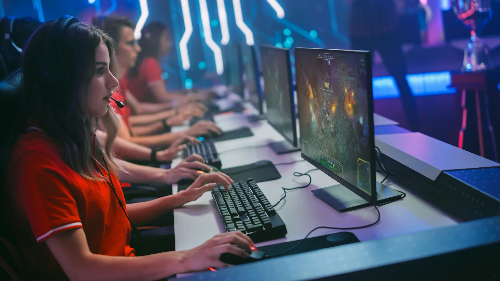 High performance gaming desktop rentals with RGB lighting, matching monitors, and competitive esports station setups for live events