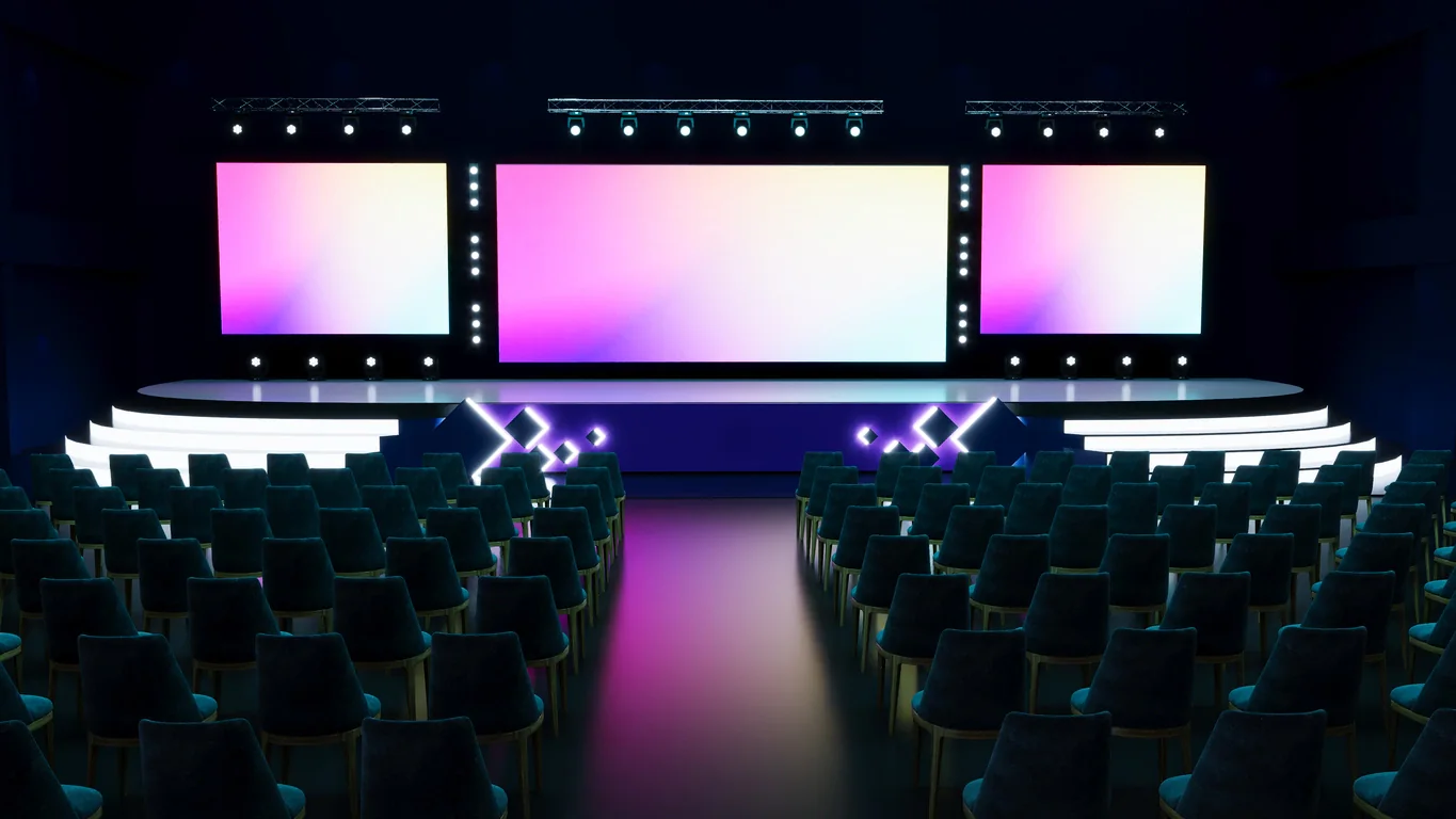 Large display and AV rental equipment set up for a corporate presentation