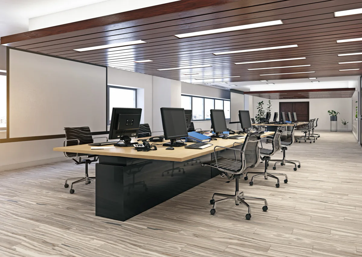 Temporary office and project room setup with rental computers, printers, monitors, and connectivity equipment