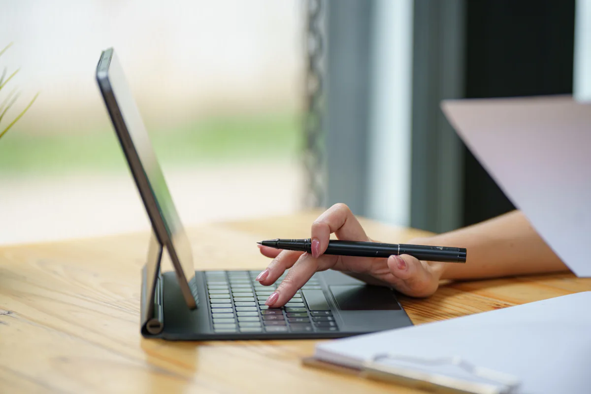 Microsoft Surface tablets with detachable keyboards set up for business demos and hybrid work use